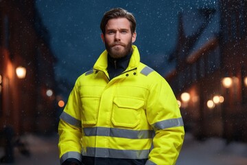 Reflective Winter Gear concept. Brightly dressed man in a snowy environment with city lights.