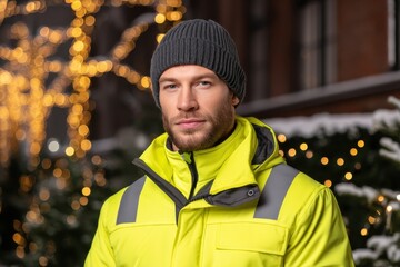 Reflective Winter Gear concept. Brightly dressed man outdoors with festive lights in the background.
