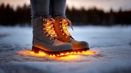 Reflective Winter Gear concept. Glowing winter boots on snow, creating a magical atmosphere.
