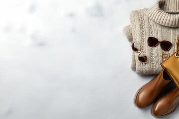 Reflective Winter Gear concept. Cozy fashion items arranged with boots and accessories on a textured background.