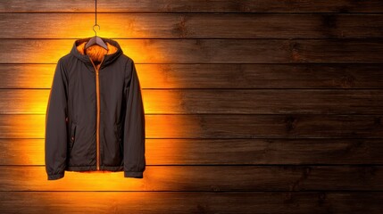 Reflective Winter Gear concept. Hooded jacket hanging against a wooden background with warm lighting.