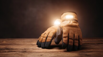 Reflective Winter Gear concept. Worn work gloves illuminated on a rustic wooden surface.
