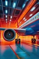Fototapeta premium Sleek jet in a neon-lit hangar with blue and red lighting and shining landing gear
