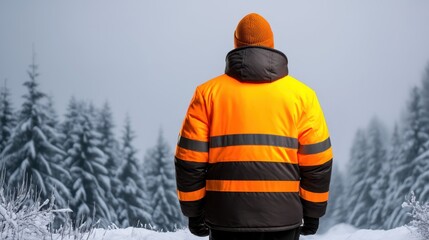 Reflective Winter Gear concept. Person in bright jacket standing in snowy forest landscape.