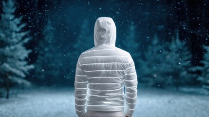 Reflective Winter Gear concept. Person in a white jacket standing in a snowy forest backdrop.