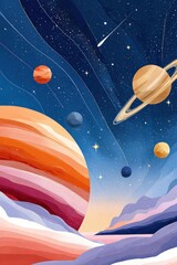 Fototapeta premium Vivid planetary landscape under a starlit sky with rings and distant planets floating over ice valleys