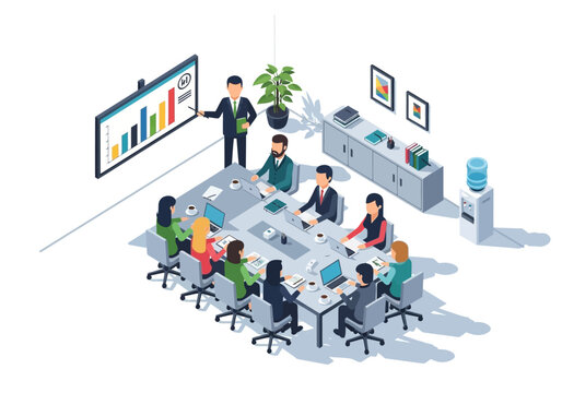 Business meeting in a modern office with a team collaborating around a conference table and a presentation on screen