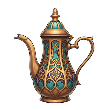 Ornate Golden Teapot with Turquoise Accents.