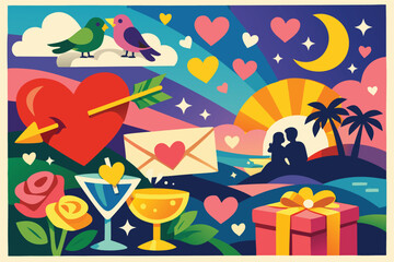 A colorful romantic illustration featuring birds hearts a sunset and symbols of love high-quality professional