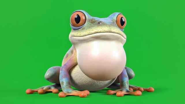 3D rendering of a cartoon frog sitting on a greenscreen background with big eyes and orange feet