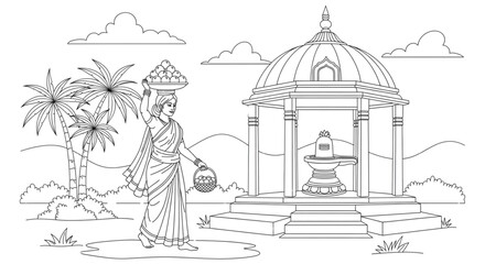 Devotee Carrying Offerings to Temple for Spiritual Serenity and Cultural Celebration