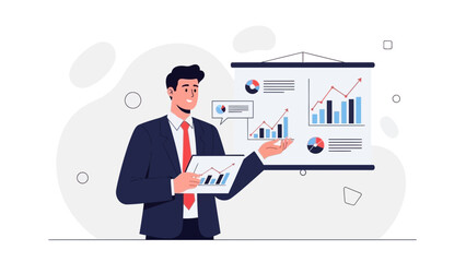 Fototapeta premium Businessman presenting financial growth charts on a whiteboard and tablet