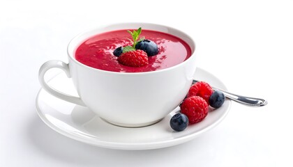A refreshing berry smoothie in a white cup with fresh berries and mint garnish.