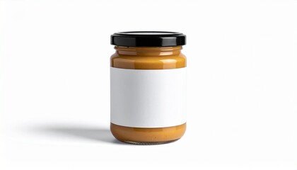 Jar of peanut butter with blank label, clean white background, product packaging, branding concept, minimal design, modern food styling, commercial presentation.