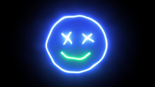 Abstract blue and green neon glowing dead smiley face emoji animation on black background