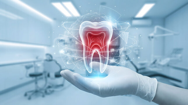 Gloved hand holds a glowing translucent tooth model showing internal red structure in a blurred modern dental clinic representing advanced diagnostic 