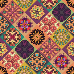 Colorful Seamless Geometric Floral Tile Pattern with Vintage Ornamental Mandala Design Background
