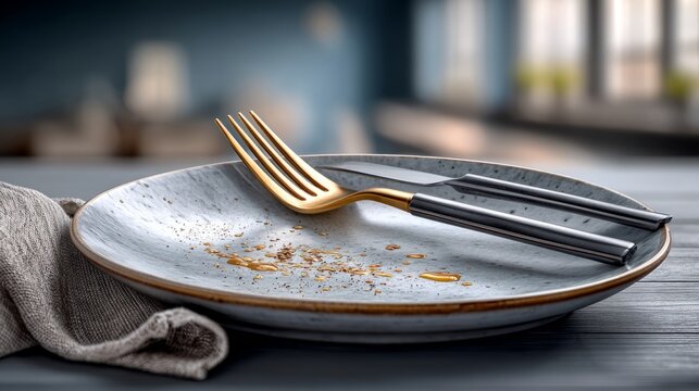 A fork and knife rest on an empty plate with food crumbs in a contemporary dining area seen through a window