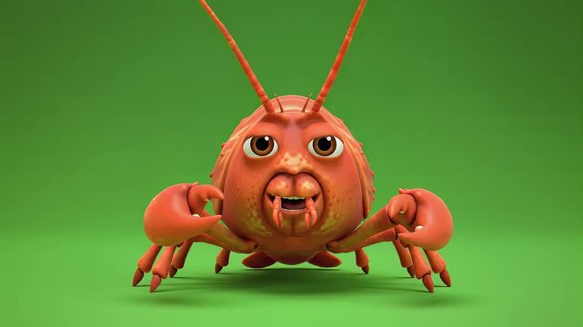 3D cartoon crab character standing on greenscreen background in a studio setting viewed from the front