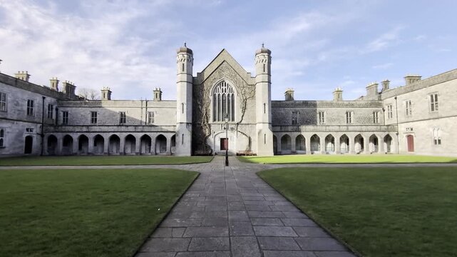 The University of Galway, quadrangle at sunset in Ireland, amazing architecture and landmark, medieval building