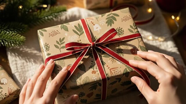 Opening a Festive Gift Wrapped in Seasonal Paper and Ribbon