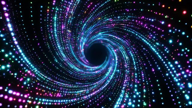 Glowing particles forming swirling vortex in zero gravity background animation