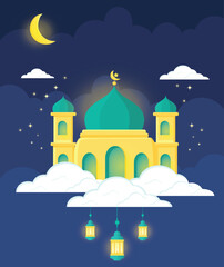 Middle east vector cartoon illustration. Dates palm, camel, mosque, desert vector illustration