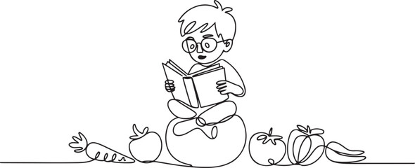 Naklejka premium Continuous one line drawing young boy reading on tomato. Read seriously. Looking for additional knowledge. Nerd. Boy Reading Book at Vegetables and Fruits. one line Icon drawing