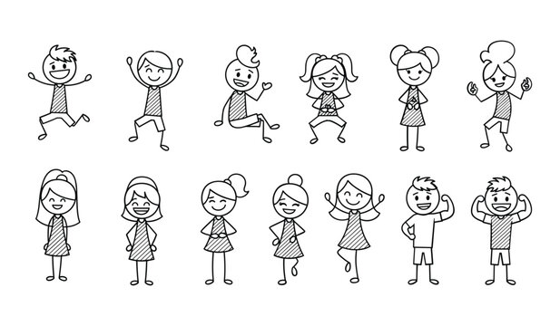 Diverse group of happy stick figure children in various poses and activities stick figures kids