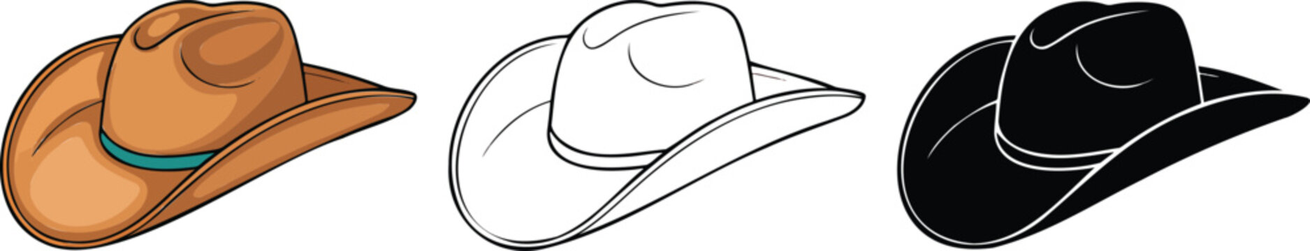 Cowboy stetson hat silhouette & Outline and illustration set isolated on transparent background