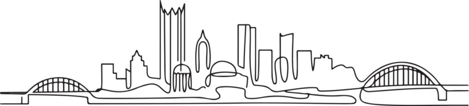 One single line drawing of Pittsburgh city skyline, Pennsylvania. Historical town landscape in world. Best holiday destination. one line Icon drawing