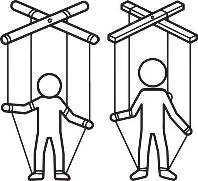 Two puppet icons with control bars, symbolizing control, manipulation, or marionettes