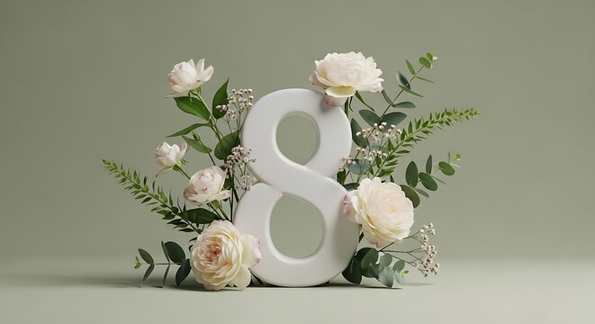 Large white number eight surrounded by flowers and green leaves on gray background
