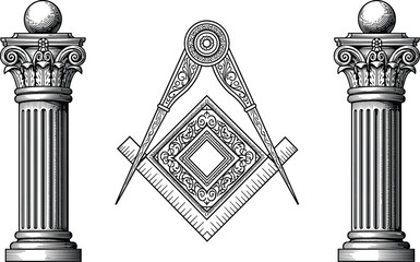 Intricate black and white vintage engraving of Masonic symbols including a square, compass, and ornate Corinthian columns representing architecture, history, and secret societies. © Creative Mind