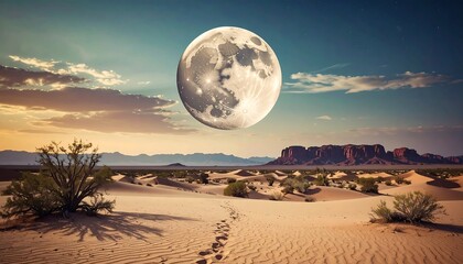 Surreal Desert Landscape with Giant Moon and Footprints.