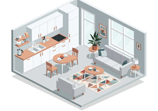 Isometric illustration of a modern living space with kitchen, dining, and living areas in a single open-plan room