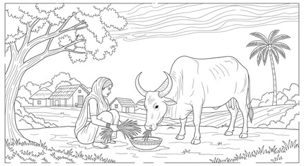 Naklejka premium Rural Woman Feeding Bull in Traditional Village Farming Line Art Coloring Page