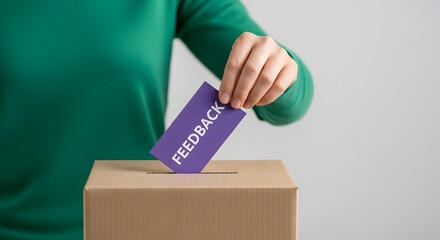 Customer Putting Feedback Card into Box, Review and Satisfaction Survey Concept, User Experience Evaluation and Opinion Collection Background