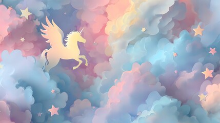 Obraz premium Whimsical winged unicorn silhouette amidst pastel clouds and stars pegasus winged horse Photo