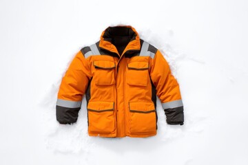 Snow Visibility Jacket concept. Bright orange winter jacket with multiple pockets and reflective strips.