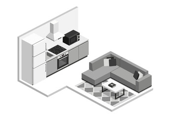 Fototapeta premium Isometric illustration of a modern living room and kitchen interior design with furniture and appliances