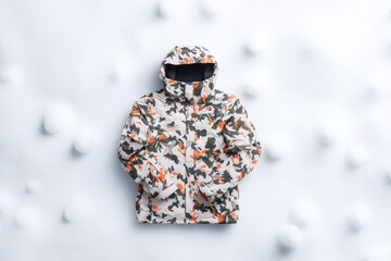 Snow Visibility Jacket concept. Stylish patterned winter jacket on a textured background.