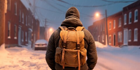 Snow Visibility Jacket concept. Person with backpack walking in snow-covered street at dusk.
