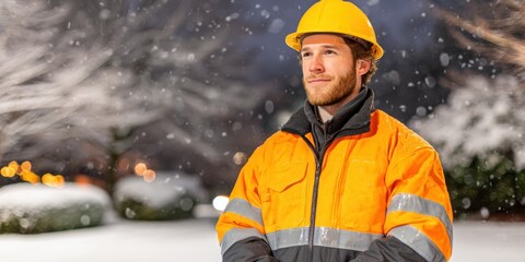 Snow Visibility Jacket concept. Worker in winter gear during snowfall, showcasing safety and resilience.