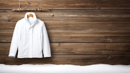 Snow Visibility Jacket concept. White jacket hanging against a rustic wooden background.