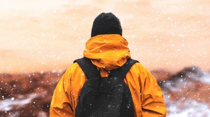 Snow Visibility Jacket concept. A person in an orange coat stands in a snowy landscape.