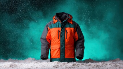 Snow Visibility Jacket concept. Stylish winter jacket with snow backdrop in vibrant colors.