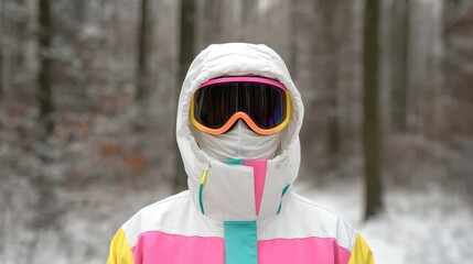 Snow Visibility Jacket concept. Person wearing colorful winter gear in snowy forest setting.