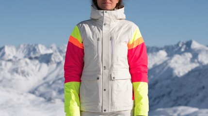 Snow Visibility Jacket concept. Skiing enthusiast in bright jacket against snowy mountains.