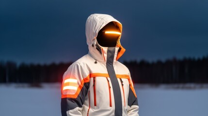 Snow Visibility Jacket concept. Person in illuminated winter jacket standing in a snowy landscape.